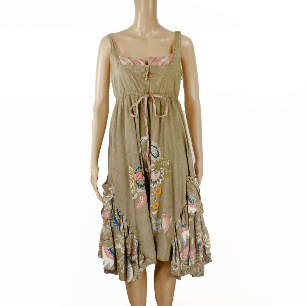 Vintage Rene Derhy Paris Green Boho Peasant Floral Embroidered Beaded Dress